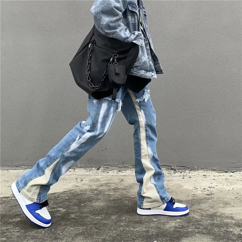 2023 Y2K Patchwork Washed Blue Baggy Flare Jeans