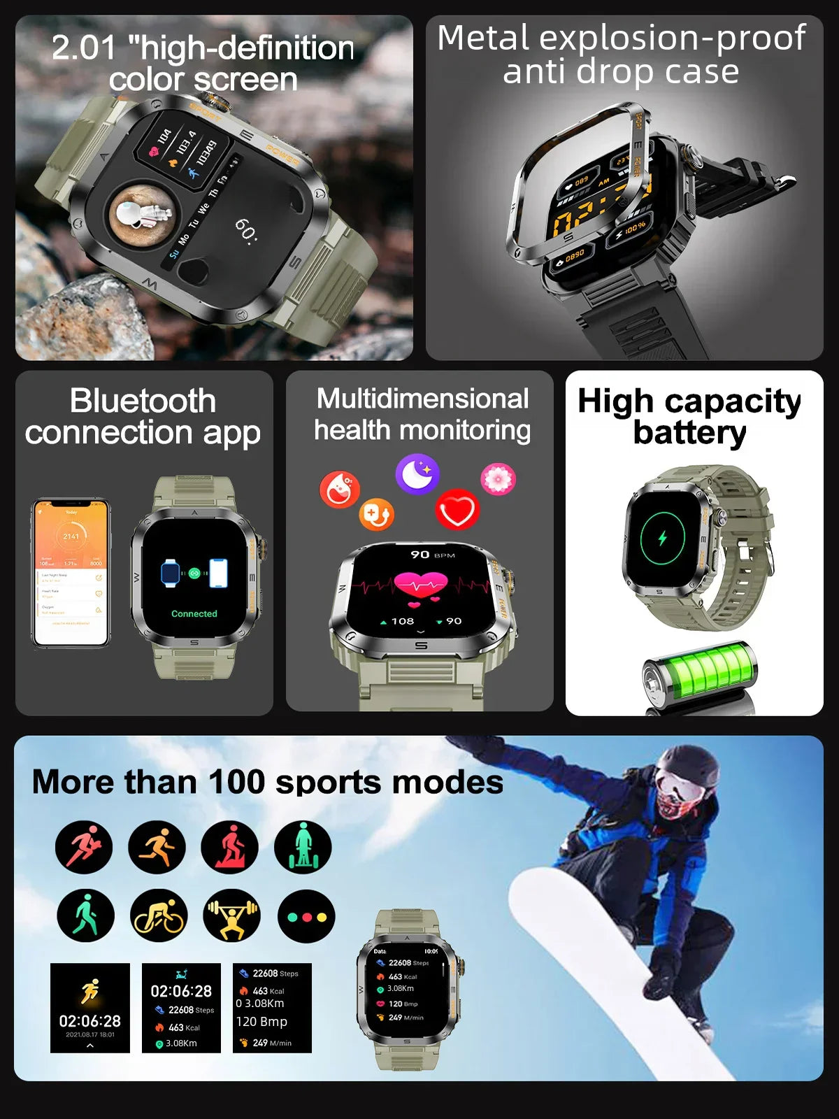Outdoor Military Smart Watch Men Bluetooth Call 400mAh