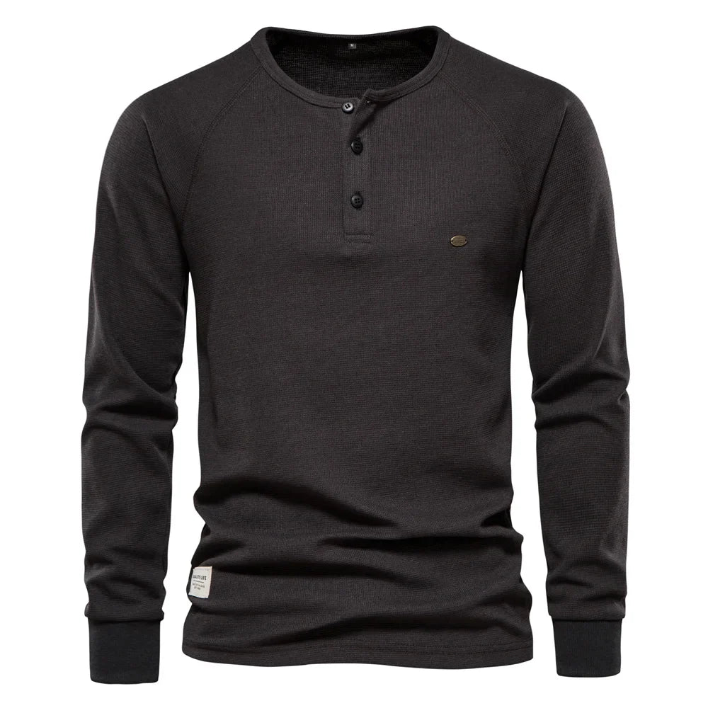 AIOPESON Waffle Henley T-Shirt Men Long Sleeve Basic