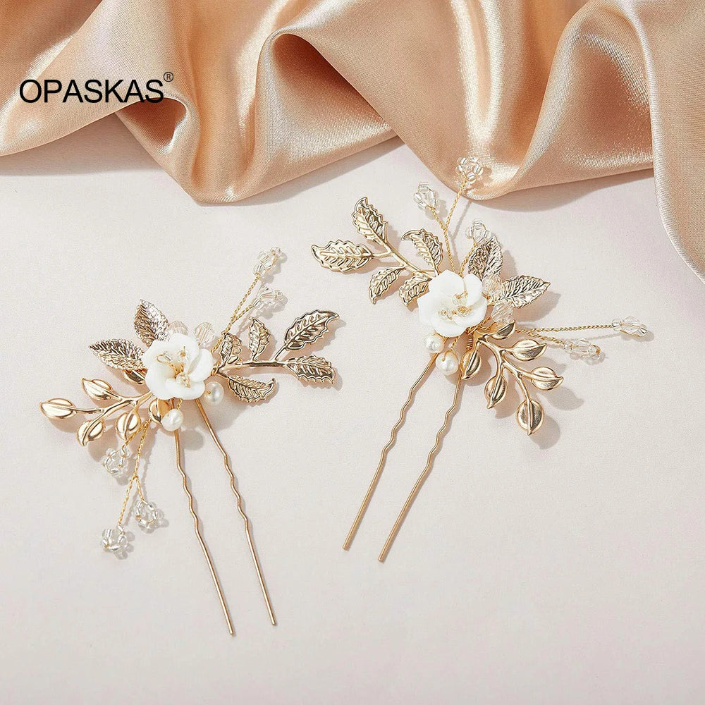 U-shaped Pearl Hairpin Hair Clips Golden Leaf Side