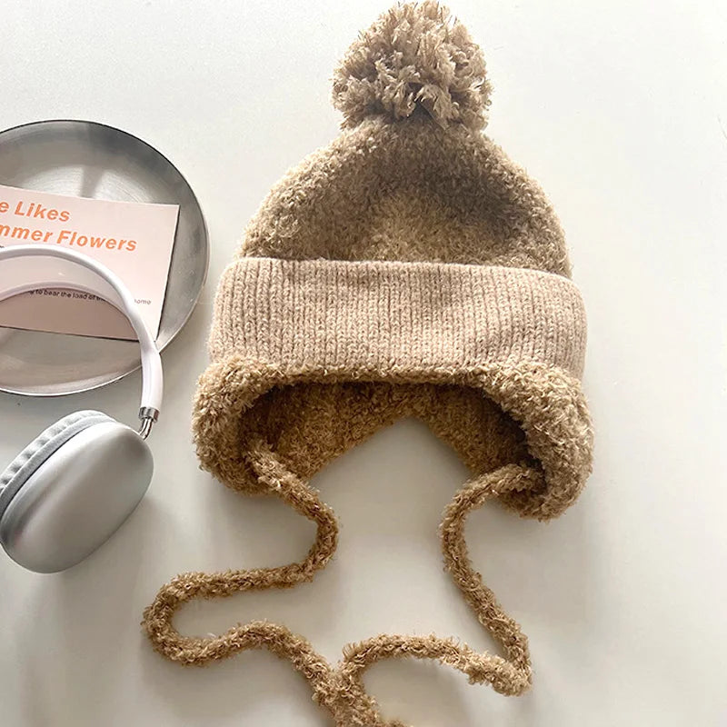 Women Pompom Ear Warmer Bonnet Fleece-lined Ear Protection