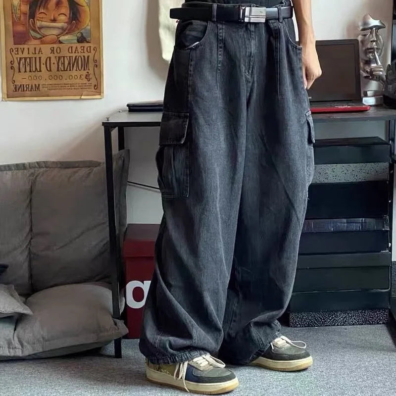 HOUZHOU Baggy Jeans Trousers Male Denim Pants Black