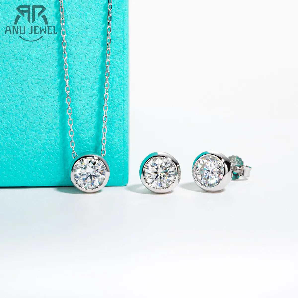 AnuJewel D Color Moissanite Bezel Stud Earrings 18K