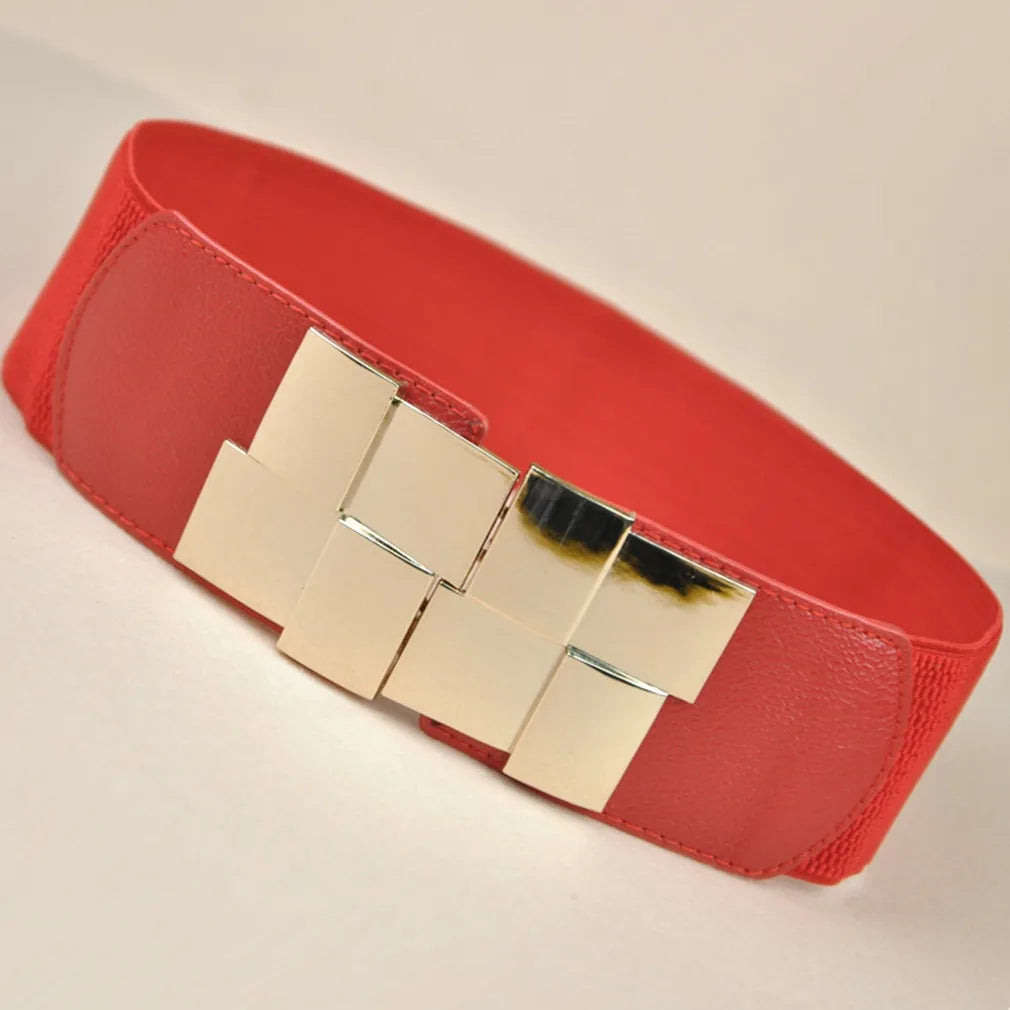 New Women Elastic Waist Closure Wide Belt Gold