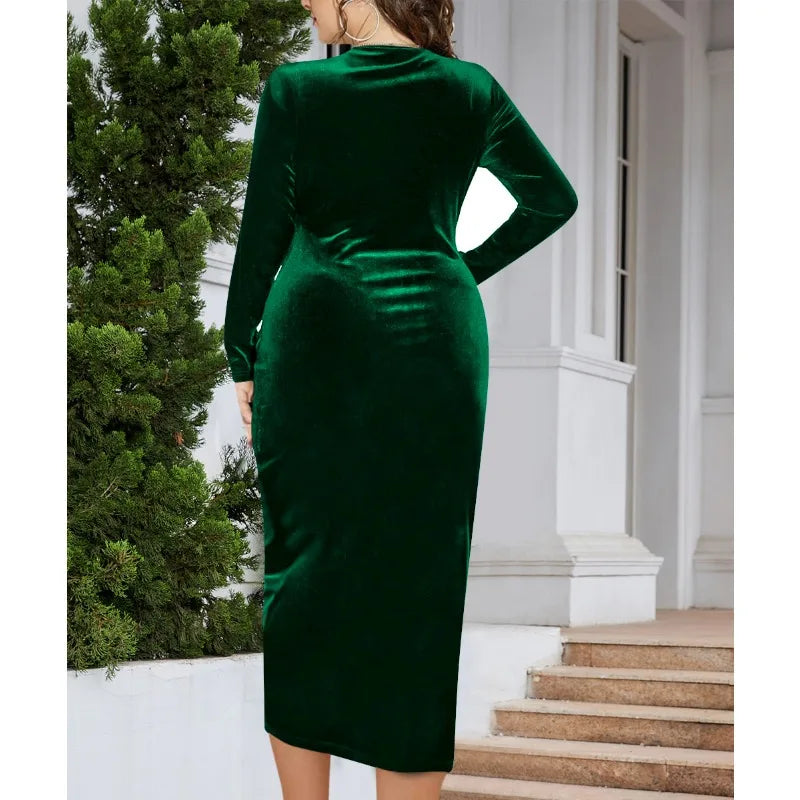 Plus Size Elegant Long Sleeve Velvet Skinny Dress