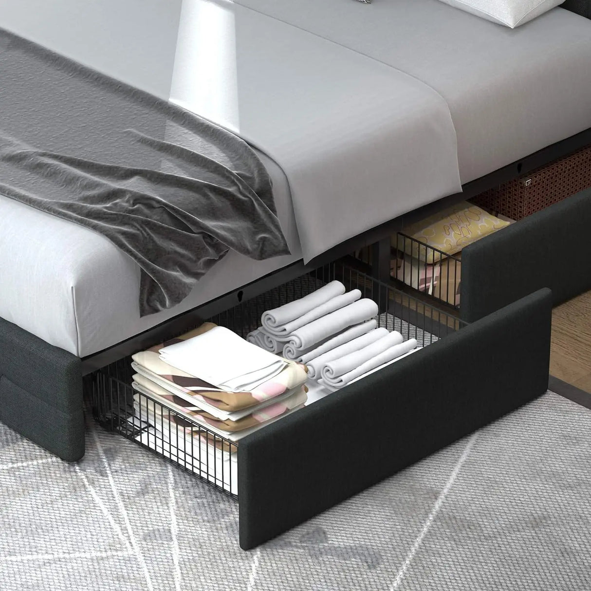 Allewie-Upholstered Queen Size Platform Bed Frame, 4 Storage