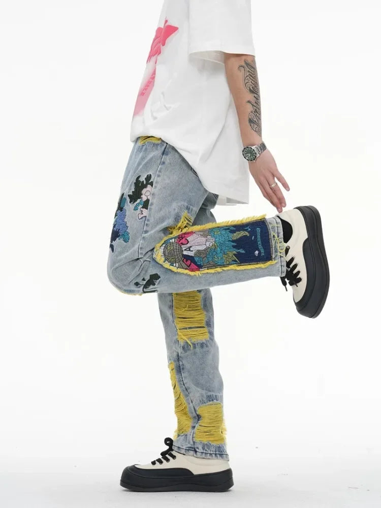 Chinese Painting Embroidered Patch Denim Ripped Jeans