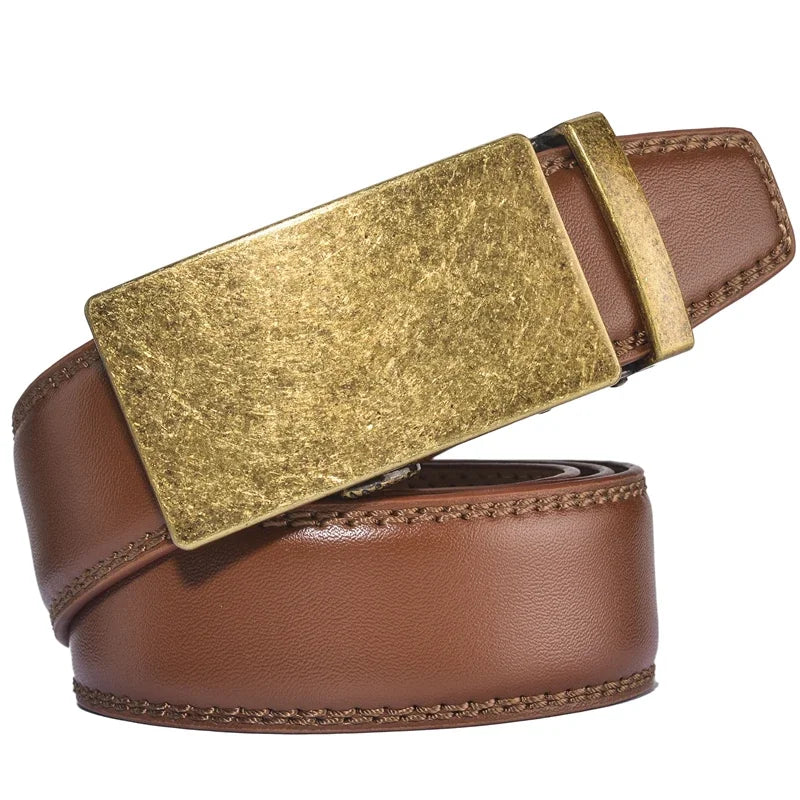 Plyesxale Brown Leather Belt Men 2024 Automatic Buckle