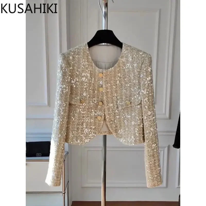 KUSAHIKI Elegant Chic Blingbling Sequins Short Coat 2023