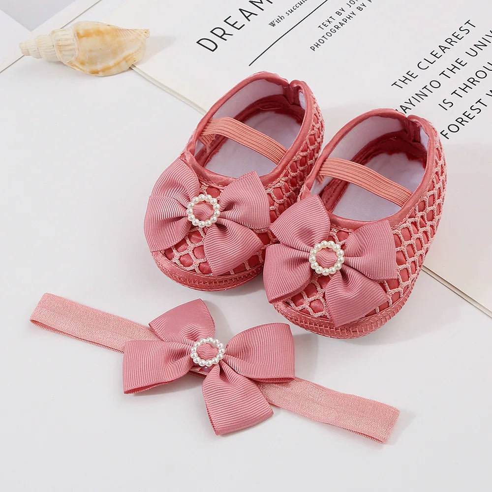 0~18M Cute Bowknot Newborn Baby Shoes Headband Set