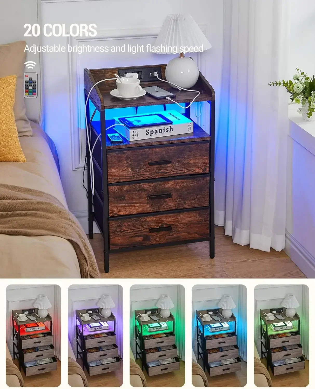 Nightstands with LED Lights Charging Station, End Table