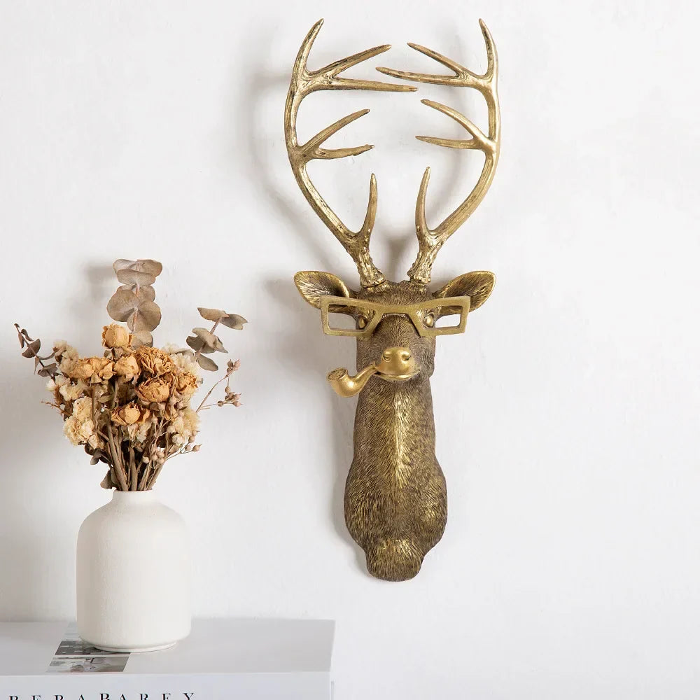 Antique Bronze Resin Animal Pendant Golden Deer Head