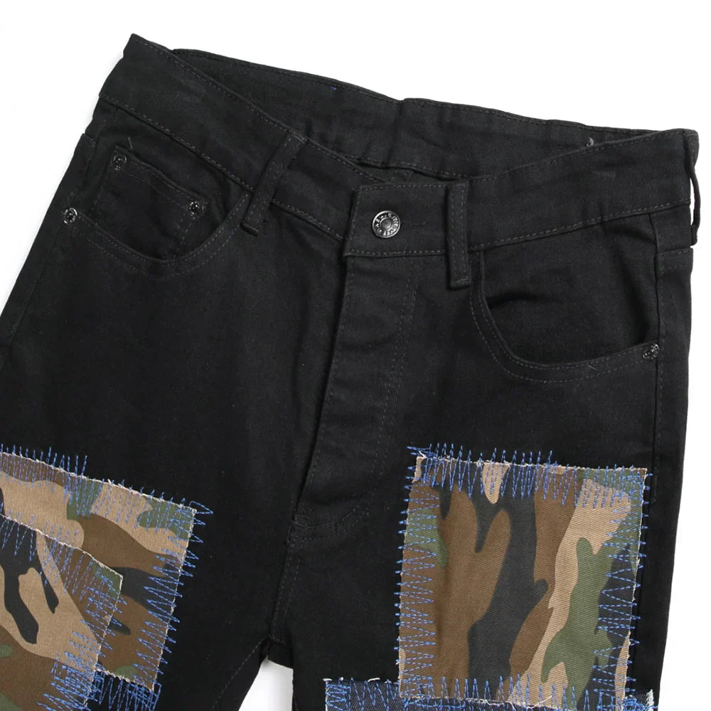 Men Camouflage Patches Stretch Denim Jeans Punk Black