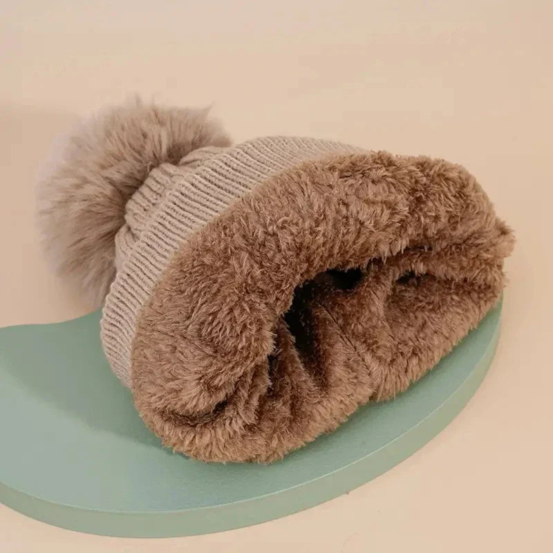Winter Fur Pom Knitted Beanies Hat Female Plush