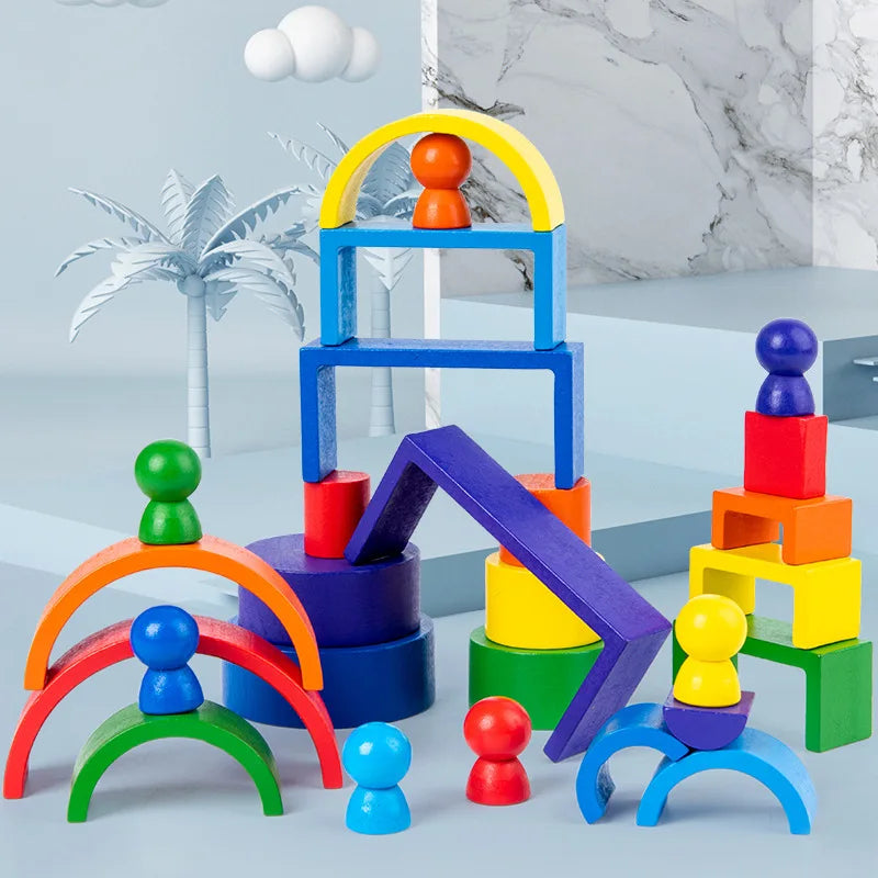 In Small Wooden Rainbow Stacker Nesting Puzzle Blocks
