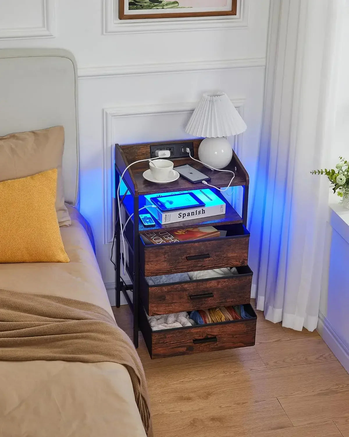 Nightstands with LED Lights Charging Station, End Table