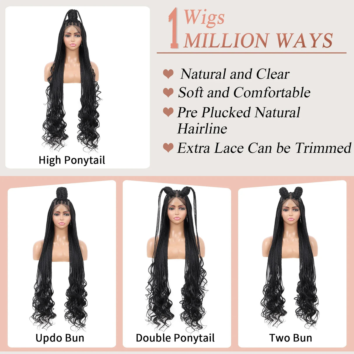 Kaylss 38‘’ Full Double Lace Front Knotless Box Braided Wigs with Baby Hair Super Long Braids Wig With Curls Ends