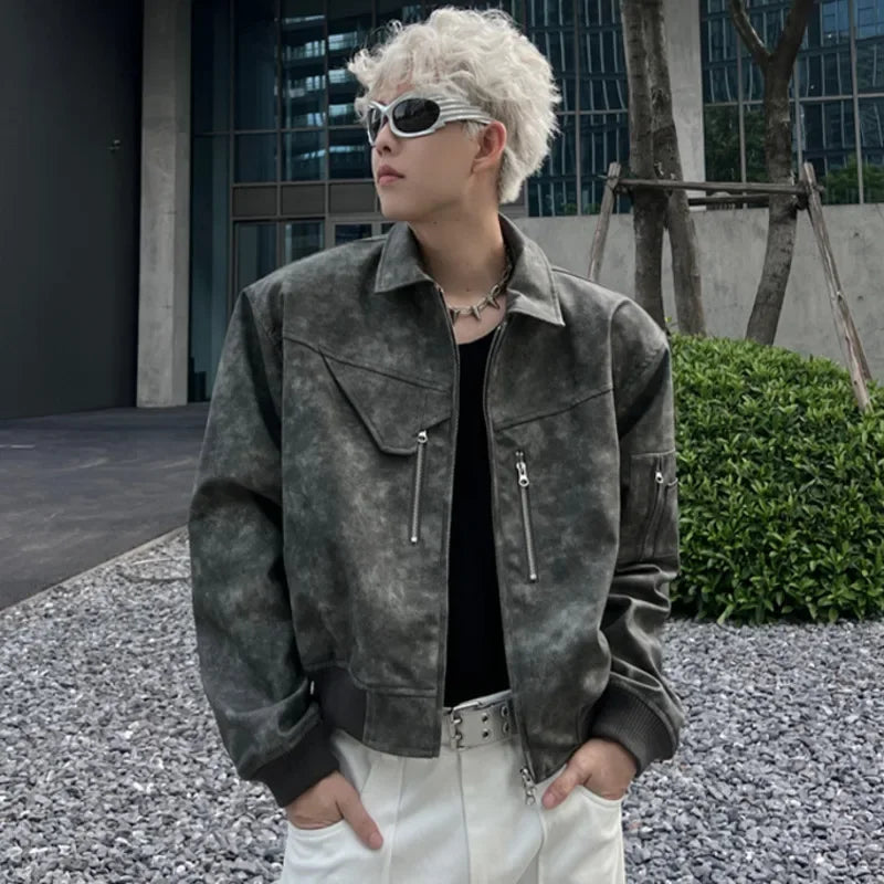 Mens Cropped PU Leather Jacket Fashion Turn-down Collar