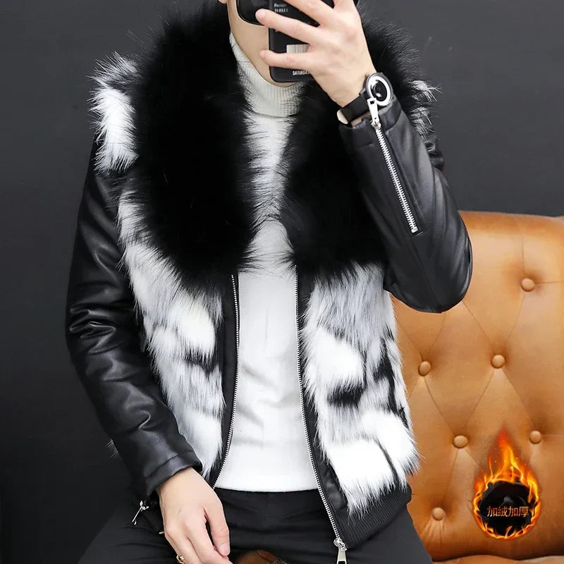 HOO 2024 Men's Cool Fur Collar Leather Coat