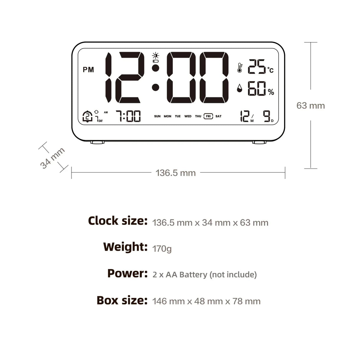 Digital Alarm Clock Table Electronics Wall Temperature Humidity