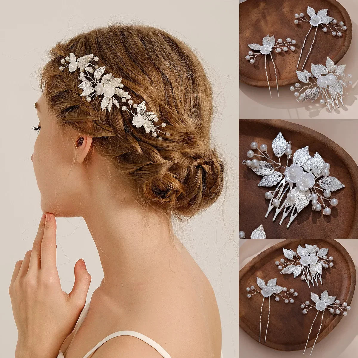 Pearl Flower Hairpin Side Comb Golden Leaf Shaped