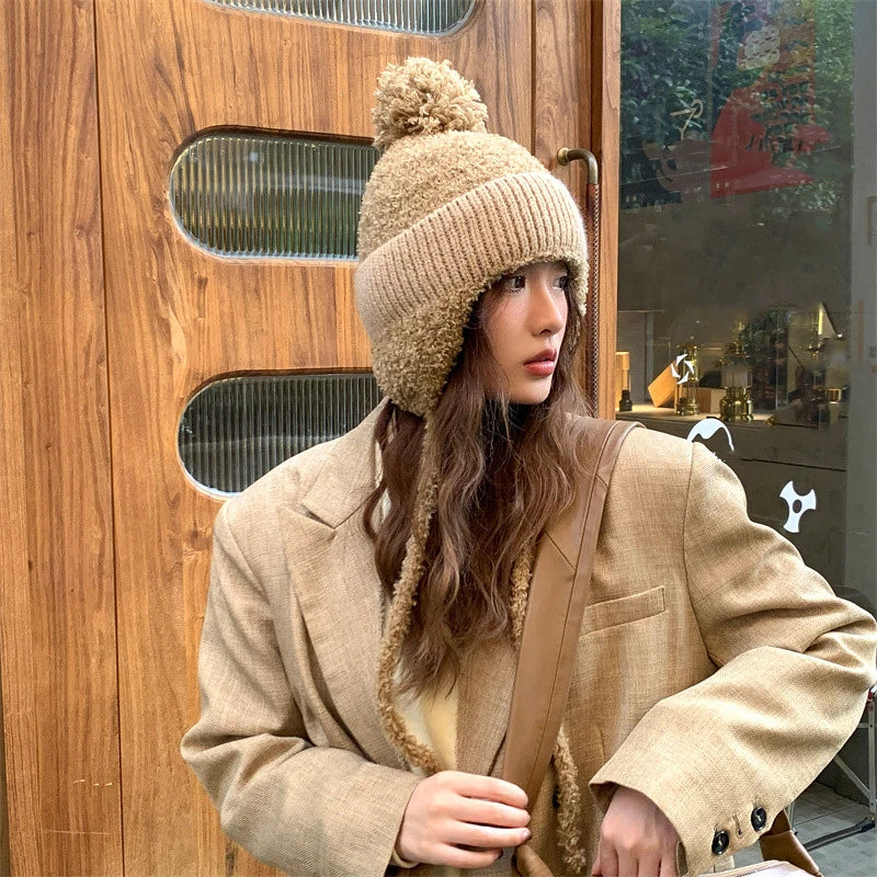 Women Pompom Ear Warmer Bonnet Fleece-lined Ear Protection
