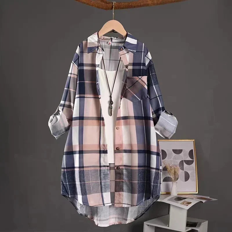 Plus Size Cotton Mid Length Plaid Print Women
