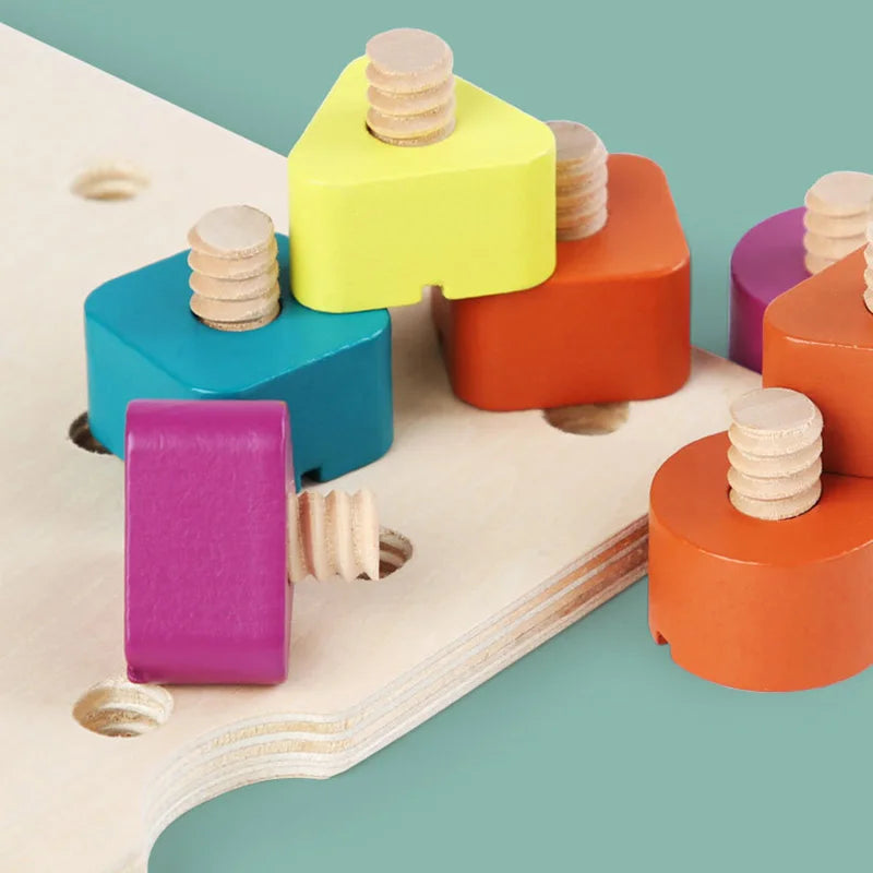 Children Wooden Screw Nut Disassembly Shape Color Matching