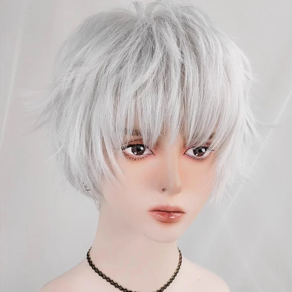 RANYU Synthetic Short Silver White Straight Curly Wigs