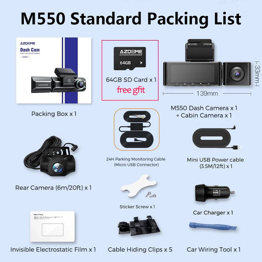 AZDOME M550 3 Channel Dash Cam Front Inside