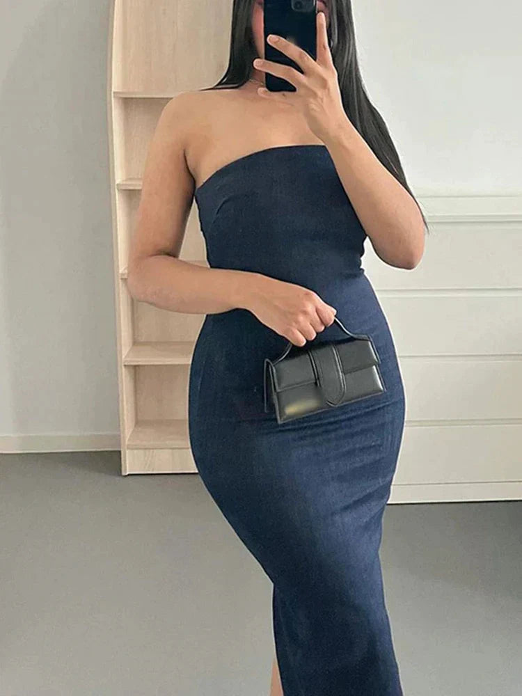 TRAF Off Shoulder Denim Dress Woman Blue Corset