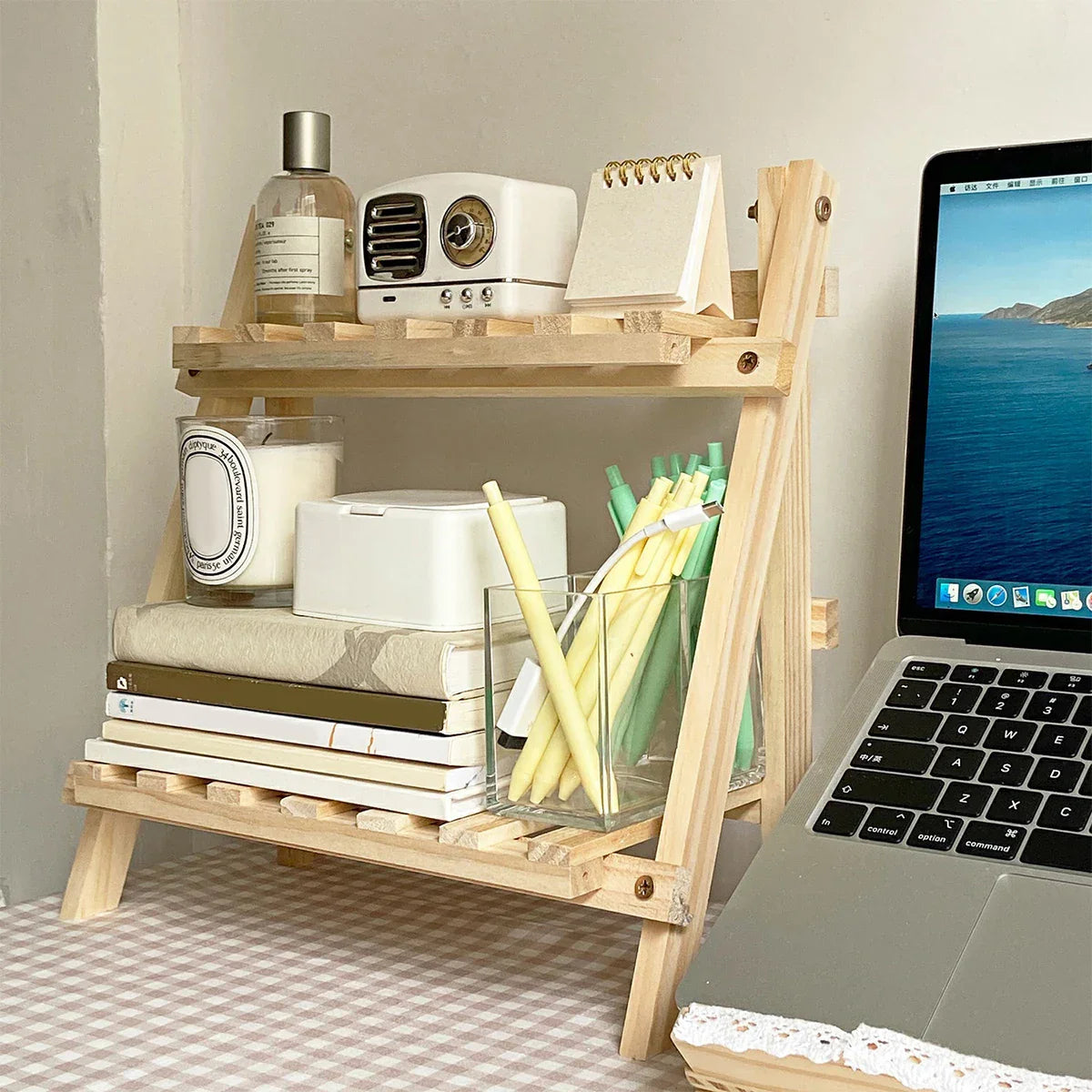 Double Layer Wooden Outdoor Plant Rack Indoor Easy