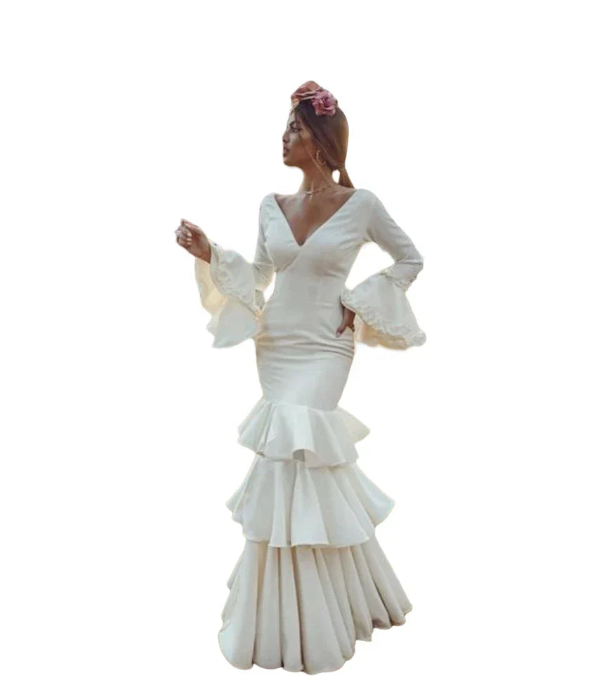 Ivory Mermaid Flamenco Dancing Prom Party Gowns with