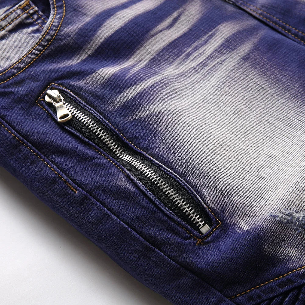 Men Stretch Denim Biker Jeans Streetwear Zippers Pleated