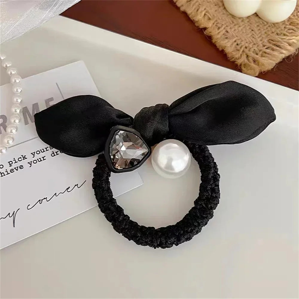 Fashion Seamless Black Hair Ties Rope Simple Pearl