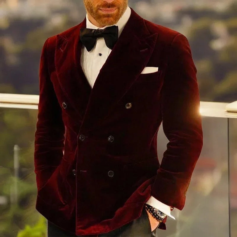 Velvet Smoking Jacket for Men Double Breasted Burgundy
