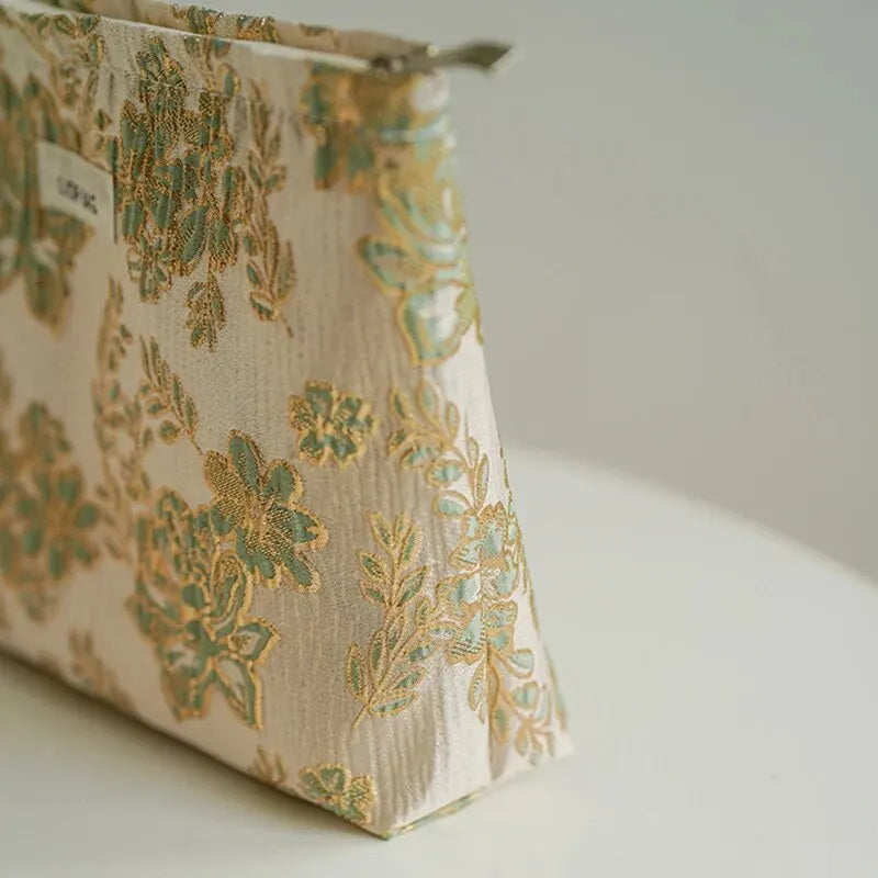 Women's Makeup Bag Green Gold Flowers Large Capacity
