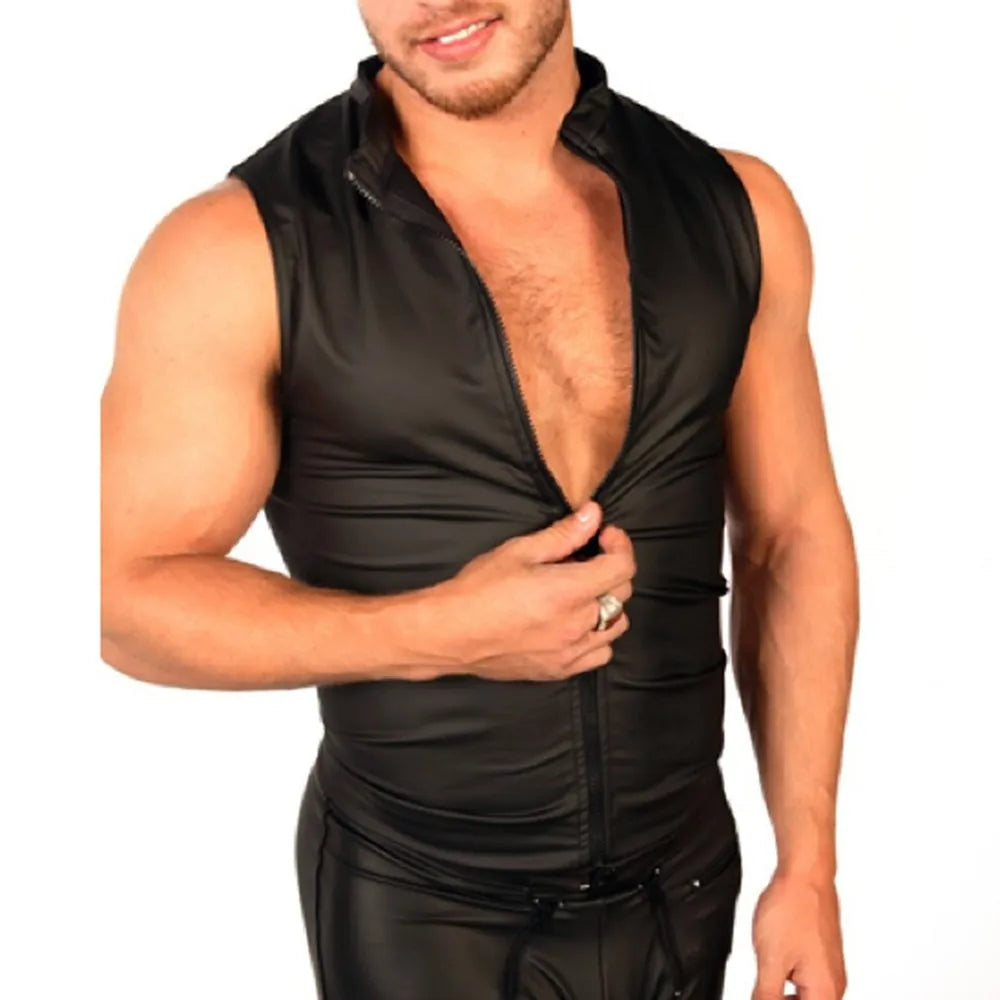 Mens PU Leather Tank Tops Sleeveless Zip TShirt