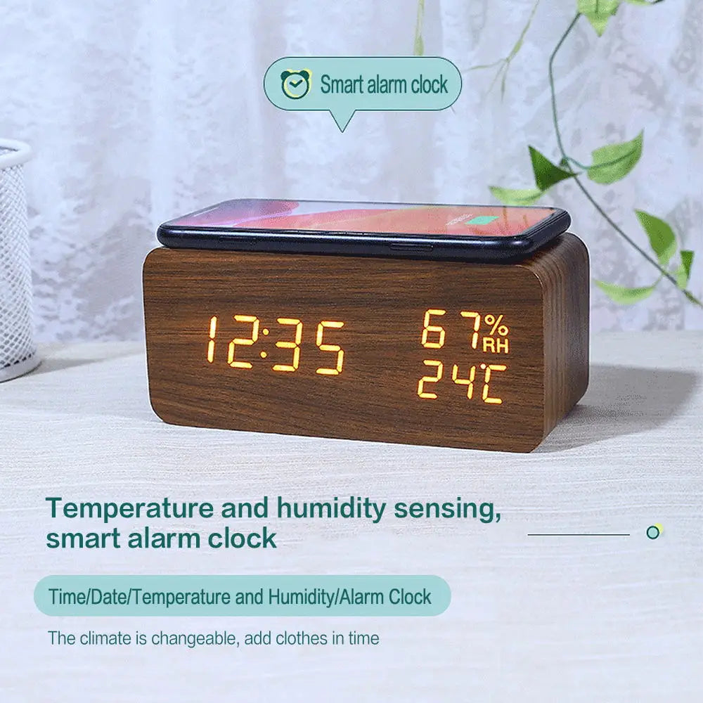 Wood Grain Digital Alarm Clock With Wireless Charging