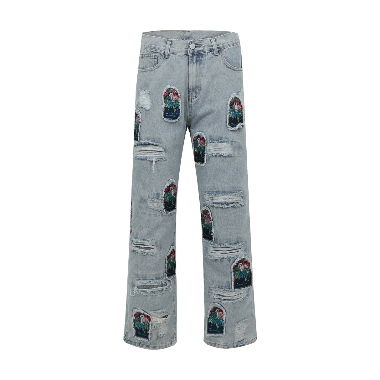 Chinese Painting Embroidered Patch Denim Ripped Jeans