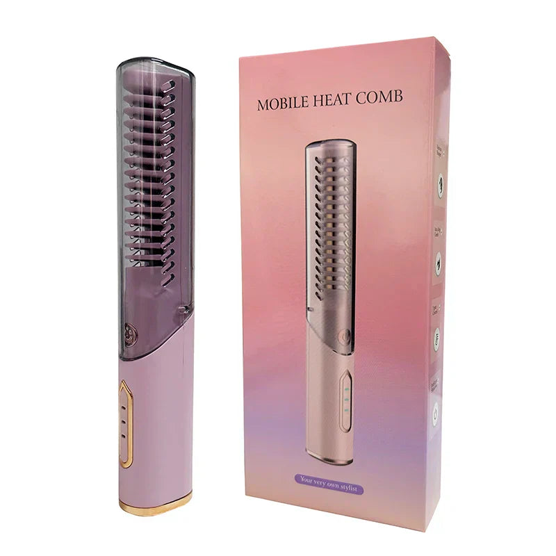 Portable Wireless Electric Hair Brush Heating Hair Straightener