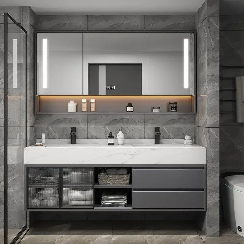 Luxury Bathroom Mirror Cabinet Double Basin Slate Integrated