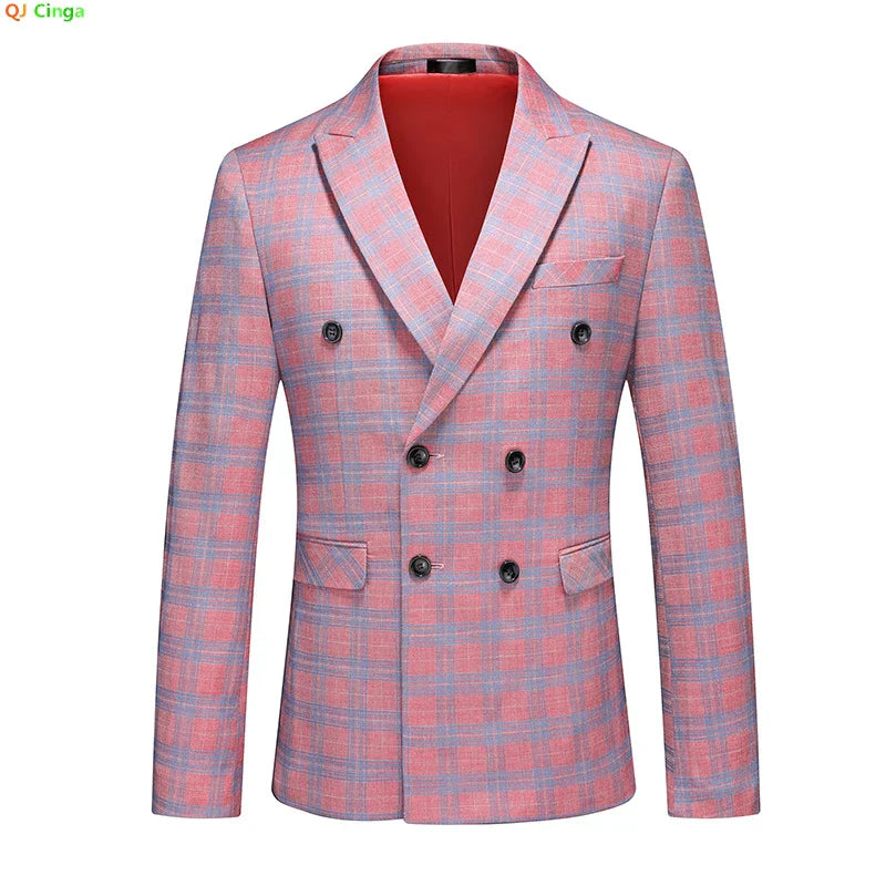 Red Striped Plaid Suit Jacket Men's Double Breasted