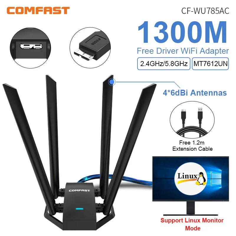 Comfast 1300Mbps Adaptador 2.4G&5GHz Usb Network Card Wireless
