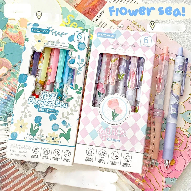 6pcs Floral Gel Pens Set Transparent 0.5mm Black