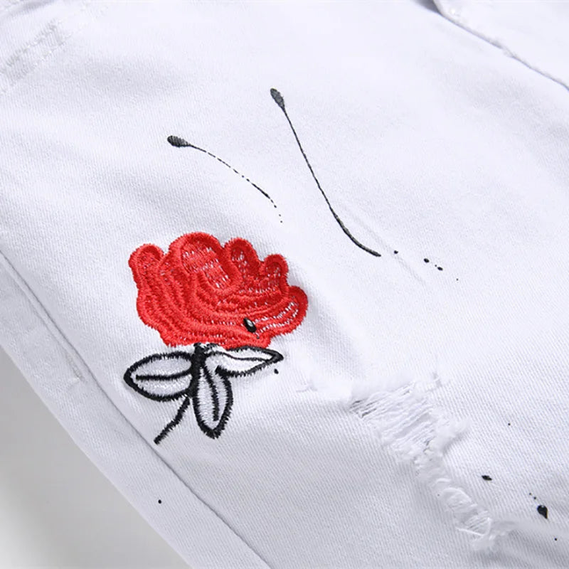 Men Rose Embroidery Jeans Fashion Holes Ripped Stretch