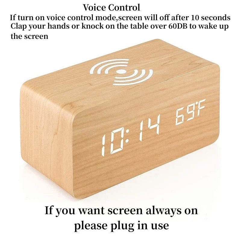 Voice Control Wooden Digital Alarm Clock Wireless Charging