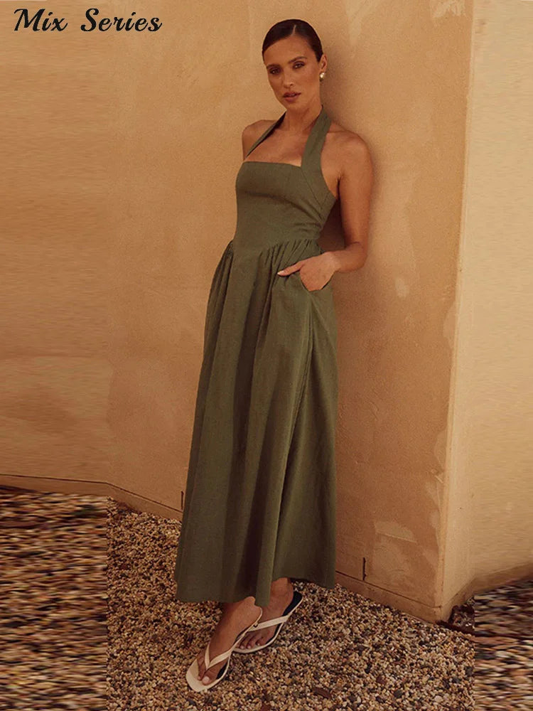 Pleated Halter Spaghetti Strap Dress Women Solid Backless