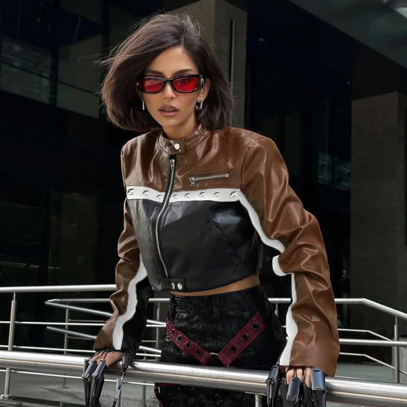 KOXINVES Punk Motorcycle Style Women's Coat 2024 Spring