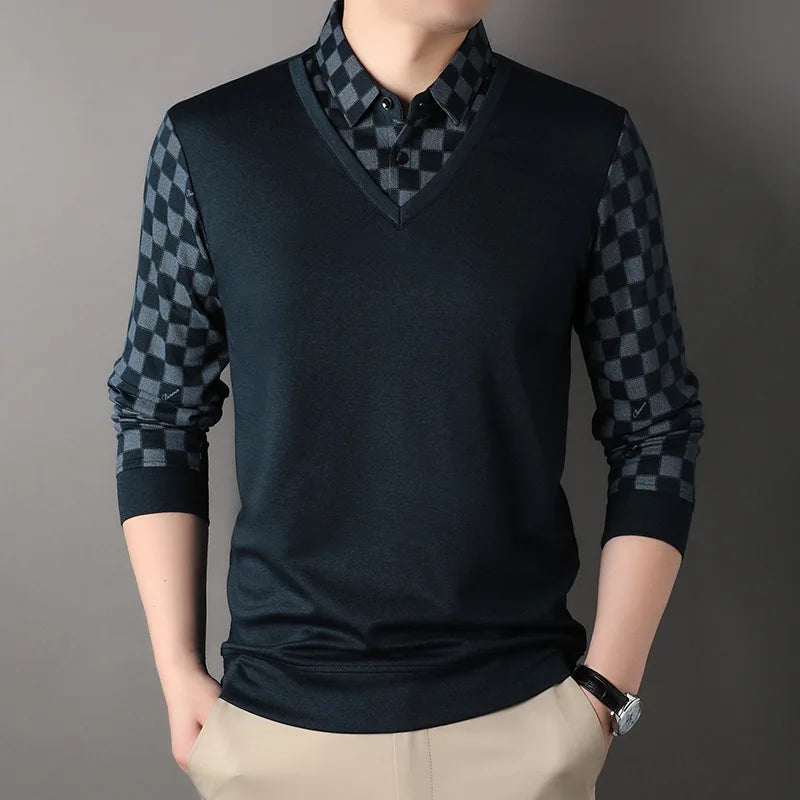 Spring and Autumn Men's Pullover Button Contrast Plaid